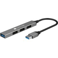 Gray TECHLY USB 3.2 laptop dock with four ports, slim design, and attached cable with blue USB connector.