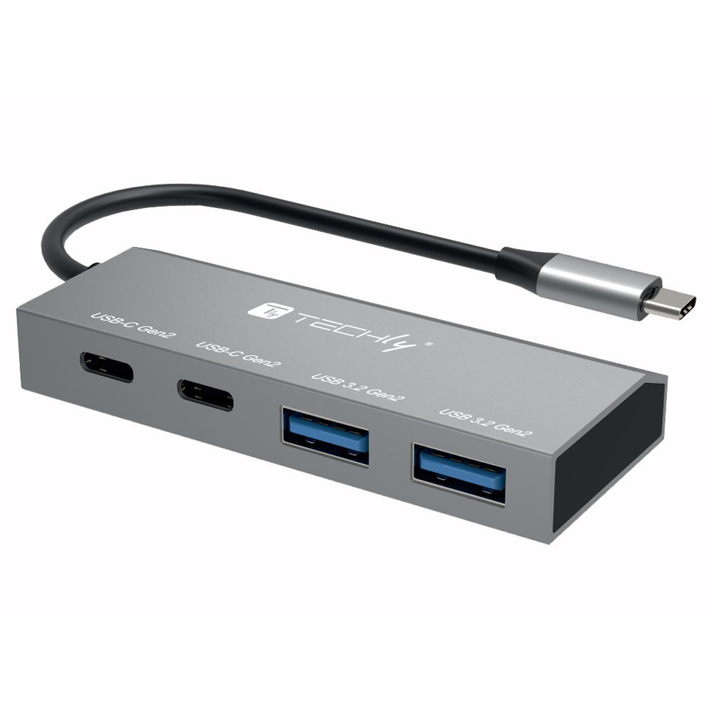Silver laptop dock with a sleek design, featuring two USB-C ports and two USB 3.2 ports, connected by a short cable, labeled for easy identification.