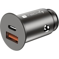 Black Techly mini car charger with USB-A and USB-C ports, Quick Charge 3.0, compact cylindrical design.