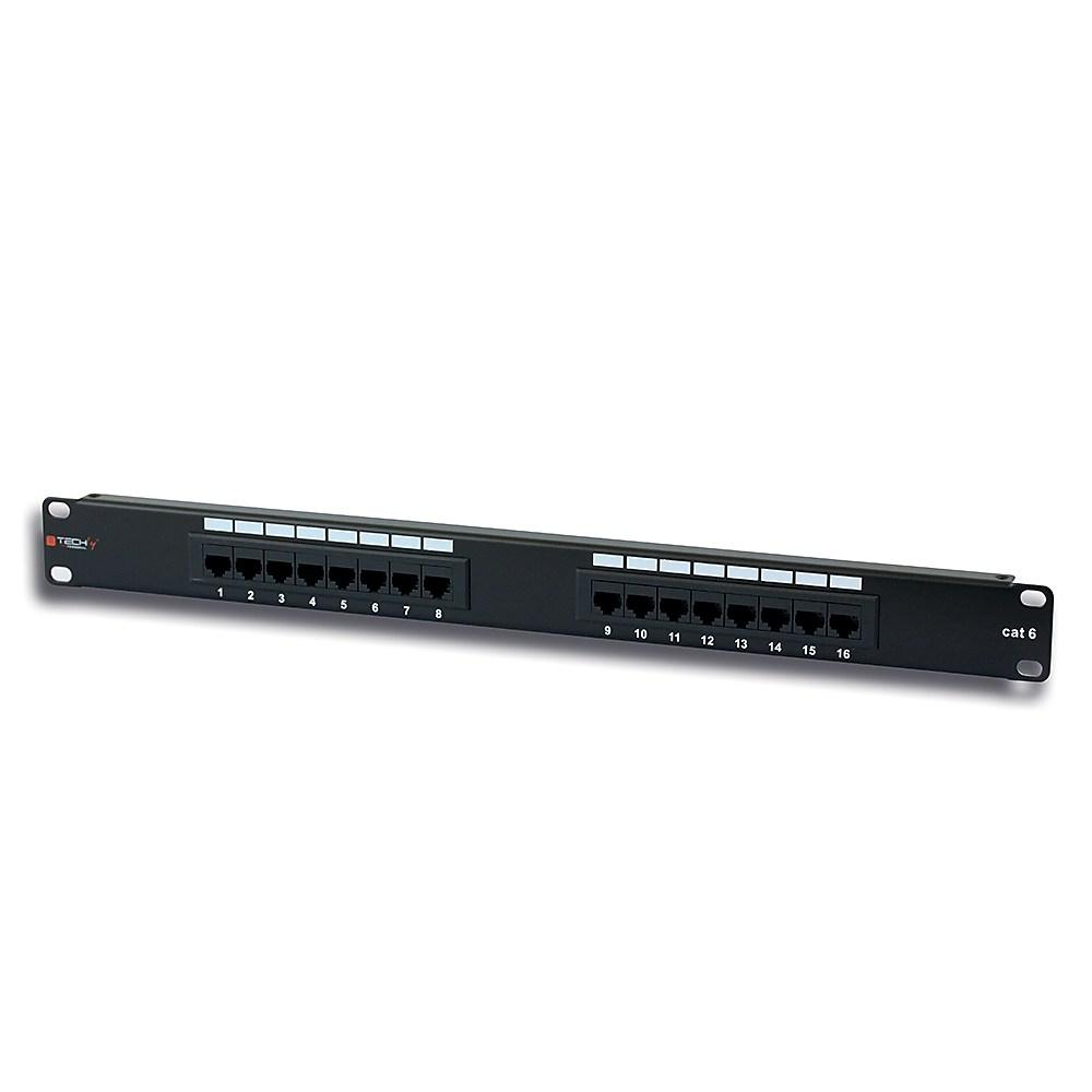 Black 16-port RJ45 patch panel with labeled ports, designed for Cat 6 cables, featuring a sturdy metal construction and a sleek, professional design for network installations.