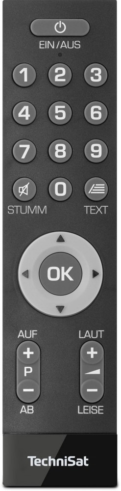 Black TechniSat IsiZapper universal remote control featuring a numeric keypad, directional pad, and buttons for power, volume, and text functions.
