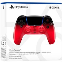 Red DualSense PS5 controller with black accents, ergonomic design, and touchpad, by Sony.