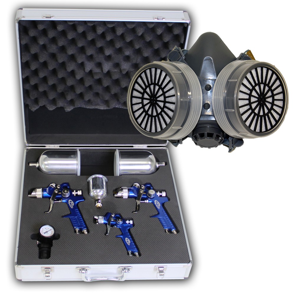 Three blue Tectake HVLP paint spray guns (0.8, 1.3, 1.7 mm) with a case, featuring a pressure gauge and microfiber cloths, all arranged in a foam-lined interior.