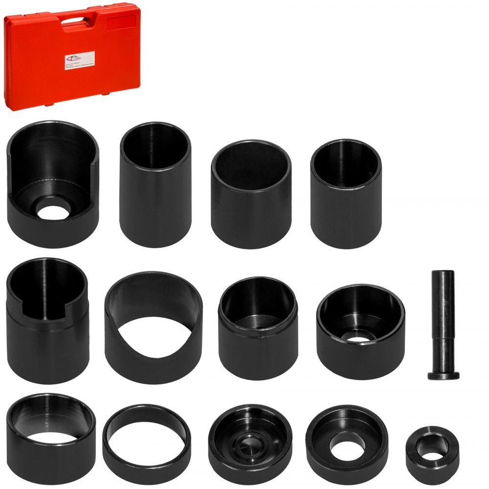 14-piece Tectake bearing press set featuring various black metal components and a red plastic carrying case for easy storage and transport.