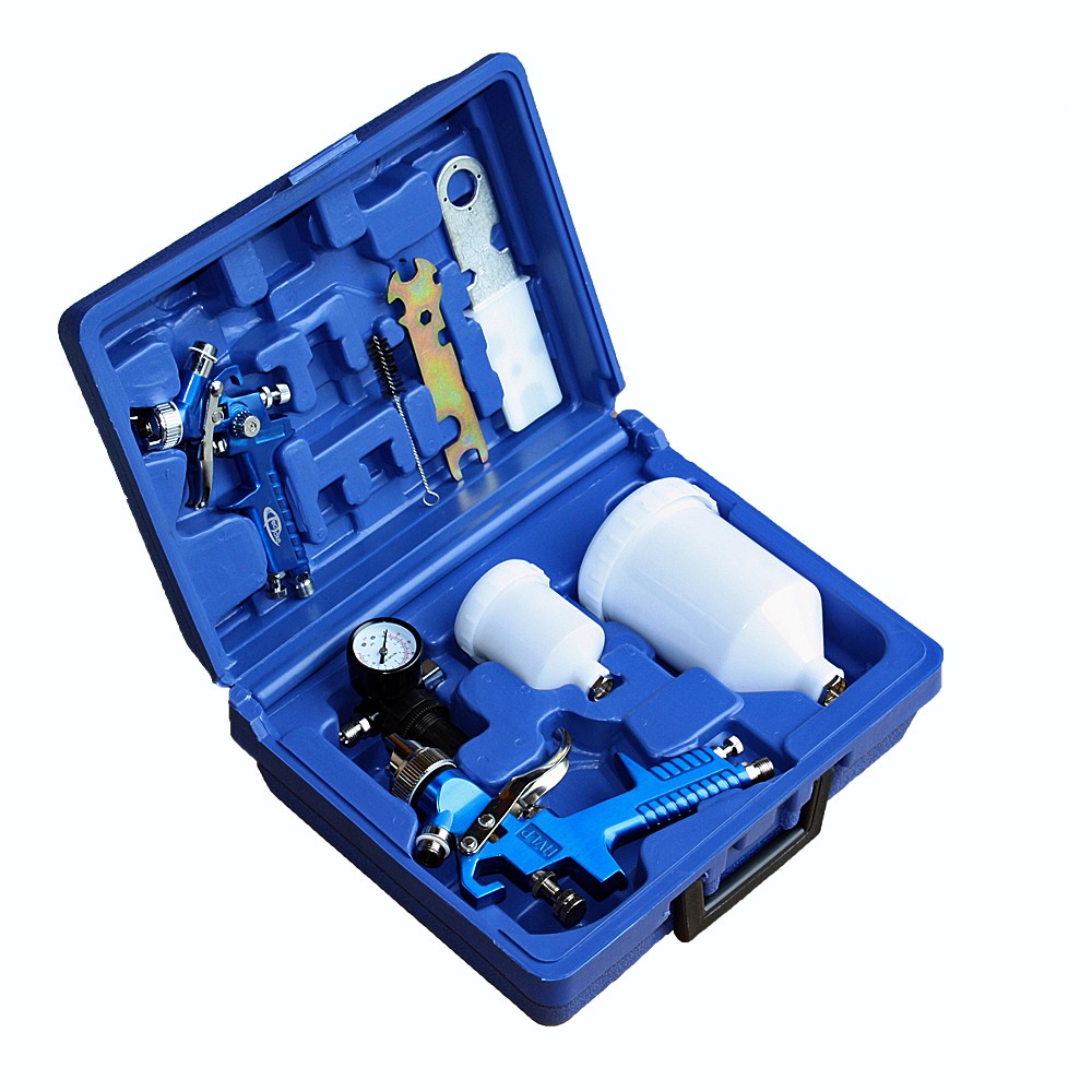 Two blue HVLP paint spray guns (0.8mm and 1.3mm) in a blue plastic case, with a pressure gauge, paint cups, and various tools for painting applications.
