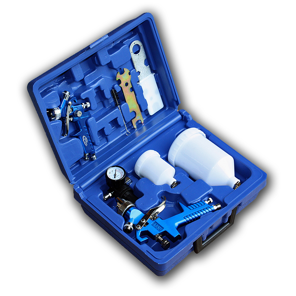 Two blue HVLP paint spray guns (1.0mm and 1.7mm) with white paint cups, a pressure gauge, and various tools, all housed in a blue plastic case.