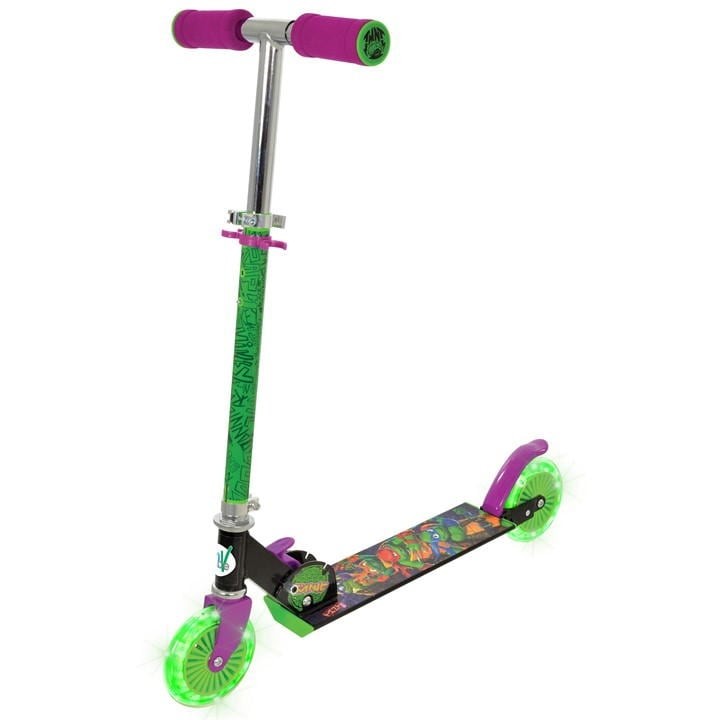 Folding inline scooter featuring a green and purple design, light-up wheels, and a colorful Teenage Mutant Ninja Turtles graphic on the footboard.