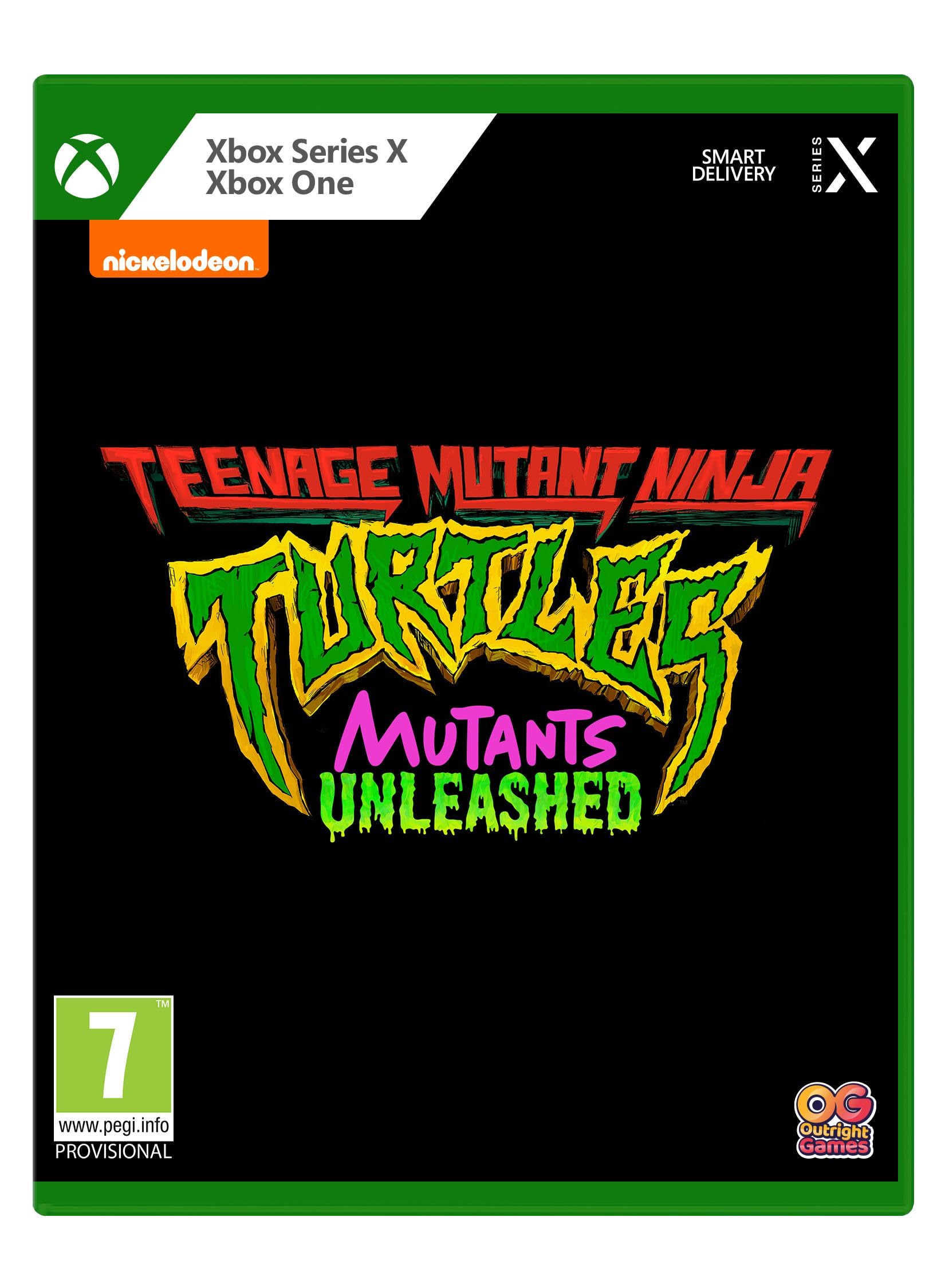 Cover art for "Teenage Mutant Ninja Turtles: Mutants Unleashed" featuring vibrant green and yellow lettering on a black background, with Xbox Series X branding and age rating.
