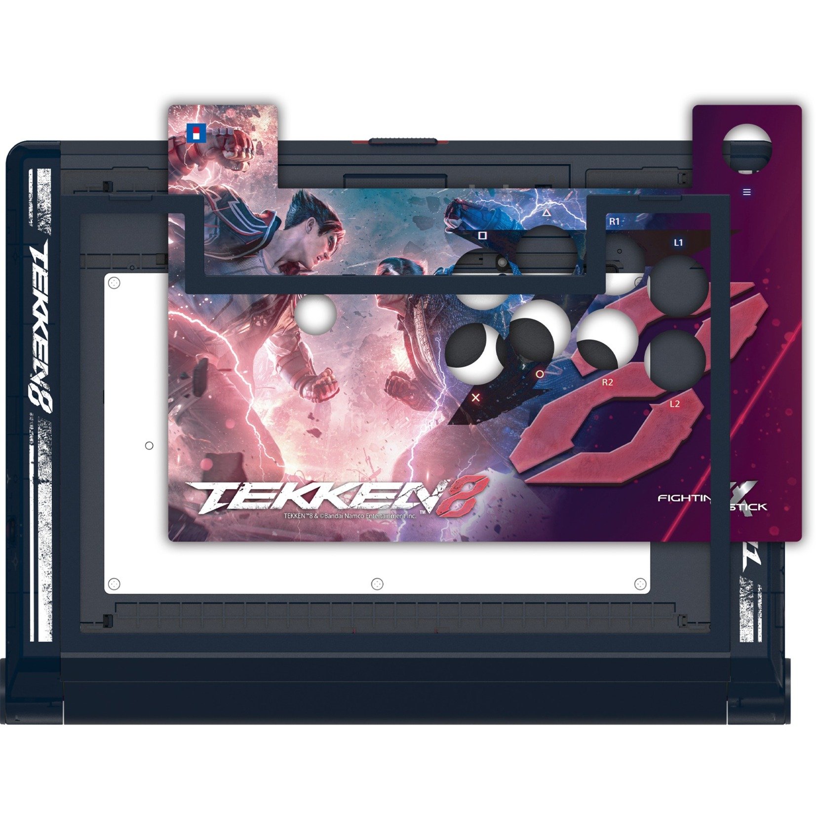 Tekken 8 Fighting Stick Alpha features a sleek black design with vibrant graphics, multiple buttons in white and black, and a textured surface for enhanced grip, designed for PS5 gaming.