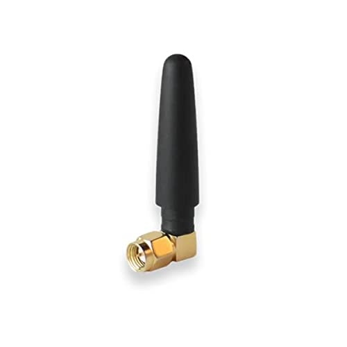 Black angled antenna with a smooth finish and a gold connector, designed for mobile networking applications by Teltonika Networks.