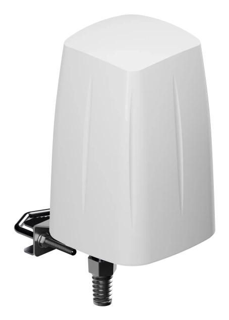 White, durable plastic antenna with a sleek, tapered design, featuring a mounting bracket and a connector for easy installation, designed for outdoor LTE and 5G use.