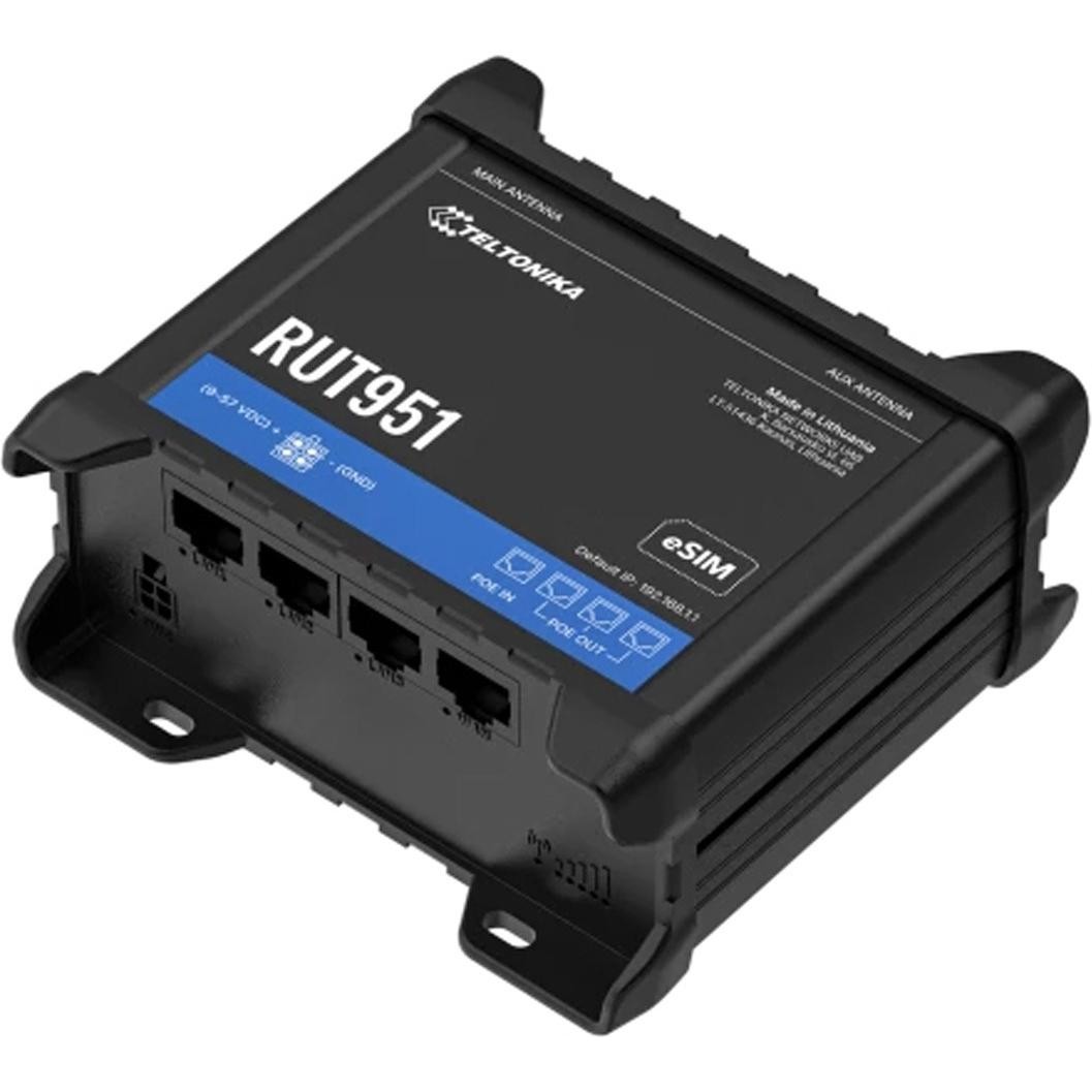 Black rectangular device with multiple ports, labeled RUT951, featuring a robust plastic casing and antennas, designed for WiFi/4G connectivity and PoE+ functionality.