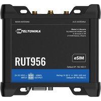 Black Teltonika Networks RU956 4G LTE router with eSIM, dual antenna ports, and labeled input-output connections.
