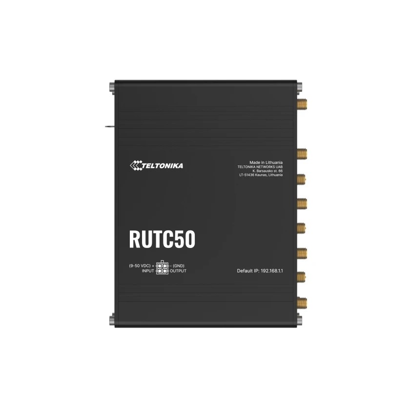 Black rectangular device with multiple ports, labeled "RUTC50," featuring a sleek design, indicating WiFi 6 and 5G capabilities, manufactured by Teltonika Networks.