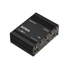 Black rectangular router with multiple antenna ports, featuring a sleek design and labeled connections, designed for 5G connectivity by Teltonika Networks.
