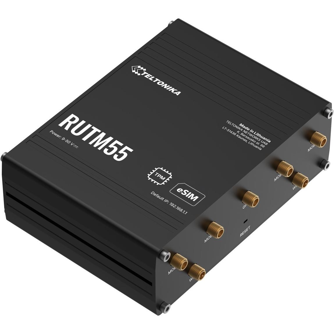 Black rectangular device with multiple antenna ports, labeled "RUTM55" and "TELTONIKA NETWORKS," featuring a sleek metal casing and ventilation grooves on the sides.