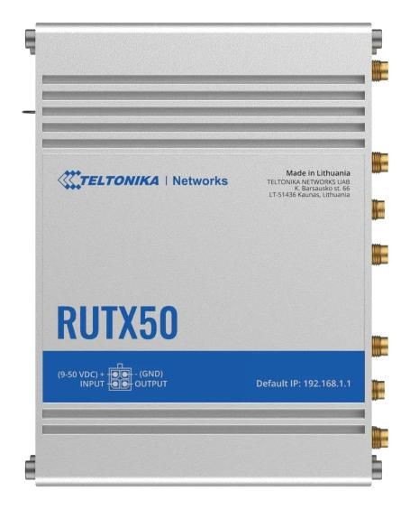 Silver metal enclosure with multiple gold antenna connectors, labeled ports, and the TELTONIKA NETWORKS logo, designed for industrial 5G cellular connectivity.