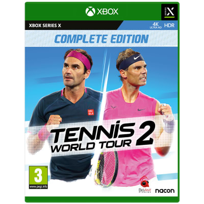 Tennis World Tour 2 Complete Edition for Xbox Series X features vibrant cover art with two male tennis players, one in a blue shirt and the other in pink, set against a green background.
