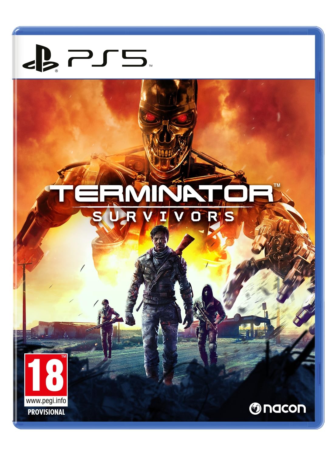 Terminator Survivors for PS5 features a striking cover with a menacing robotic skull and a fiery background, showcasing three survivors in a post-apocalyptic setting.