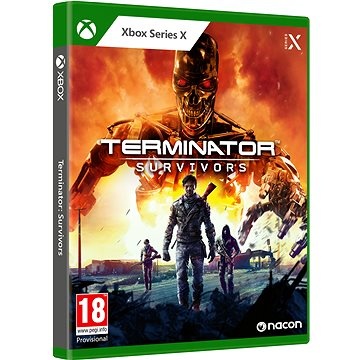 Green Xbox Series X game case featuring "Terminator Survivors" title, with a dramatic cover art showing a robotic skull, a soldier, and post-apocalyptic figures.