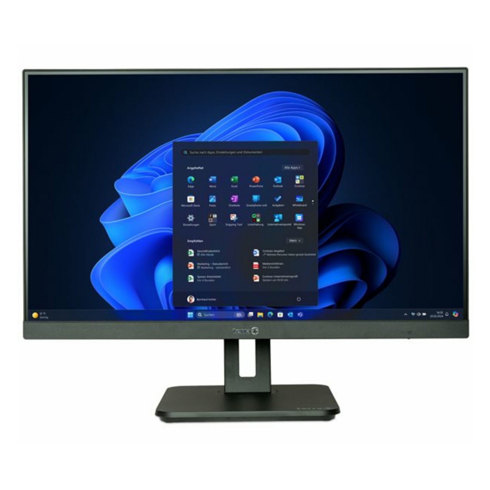 TERRA All-in-One PC features a sleek black design with a 68.6-inch display, showcasing a Windows interface and a sturdy base for stability.