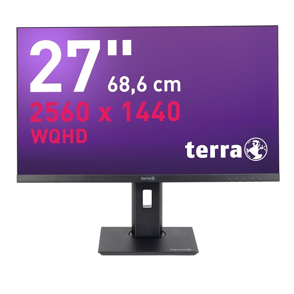 27-inch TERRA computer monitor with a sleek black stand, featuring a vibrant purple display showcasing 2560 x 1440 resolution and prominent white text.