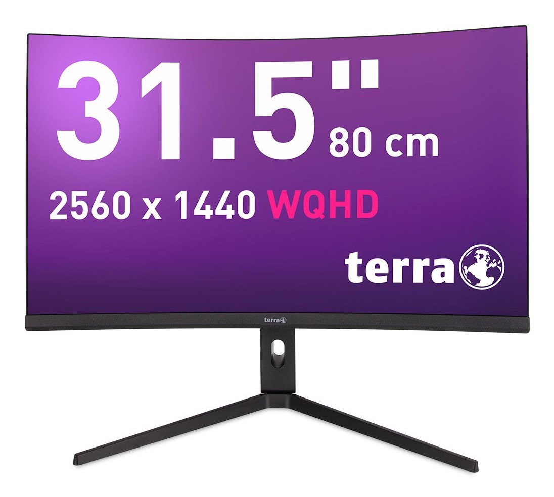 Curved 31.5" TERRA computer monitor with a sleek black stand, displaying vibrant purple background and bold white text indicating 2560 x 1440 WQHD resolution.