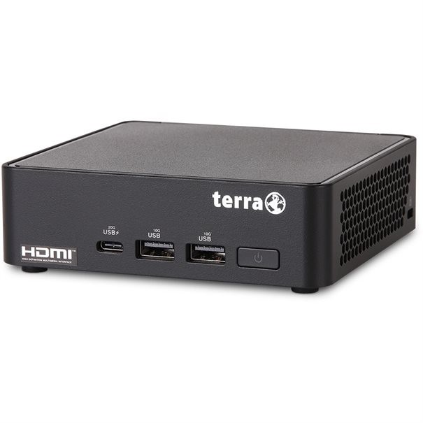 Compact black TERRA Micro 6000 SILENT GREENLINE with Intel Core i5, featuring multiple USB ports, HDMI, and a sleek, ventilated design.