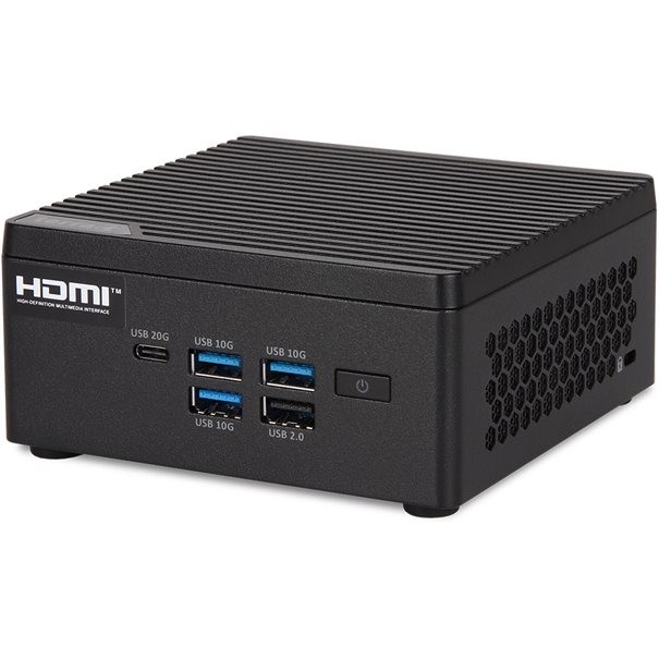 Compact black mini PC with a ribbed top, featuring multiple USB ports (two USB 10G, one USB 20G, and one USB 2.0) and an HDMI output, designed for efficient performance.
