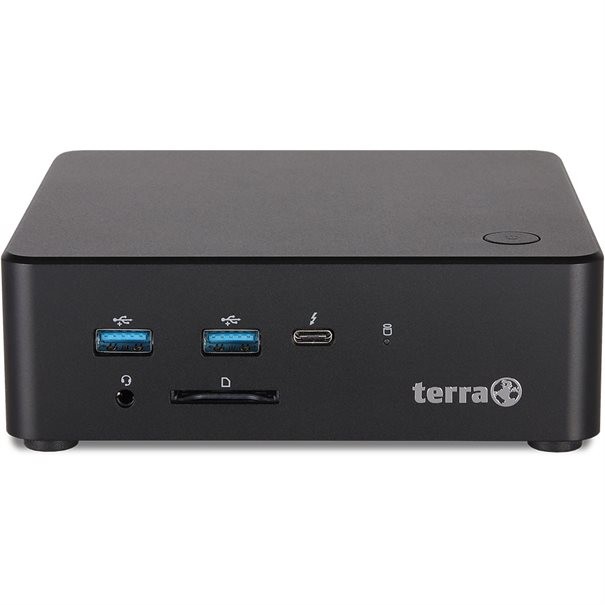 Compact black micro PC with TERRA logo, featuring two USB 3.0 ports, a USB-C port, an SD card slot, and a power button on the front panel.