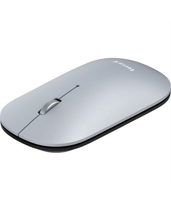 Silver ambidextrous RF wireless and Bluetooth optical mouse with a sleek design, featuring a central scroll wheel and smooth surface for easy handling.
