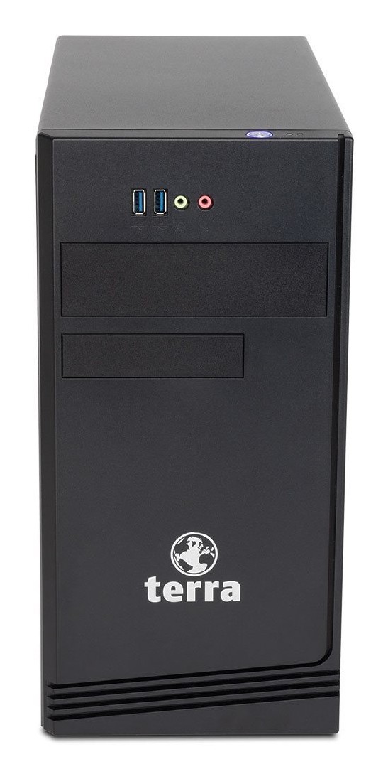 Black desktop PC tower featuring TERRA logo, two USB ports, audio jacks, and a DVD drive, designed for business use with AMD Ryzen™ 5 8600G, 16 GB DDR5 RAM, and 500 GB SSD.