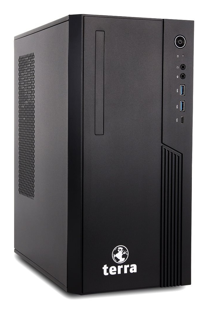Black TERRA PC-BUSINESS 6000 SILENT desktop with Intel Core Ultra 5, 16 GB DDR5-SDRAM, featuring a sleek design, front ports, and a mesh panel for ventilation.