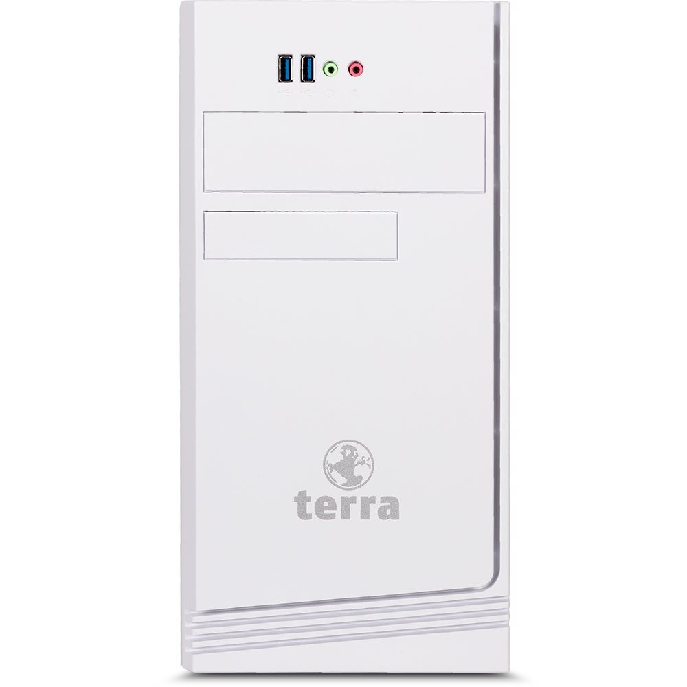 White desktop PC tower featuring TERRA logo, two USB 3.0 ports, audio jacks, and a sleek design with a smooth front panel and minimalistic aesthetic.