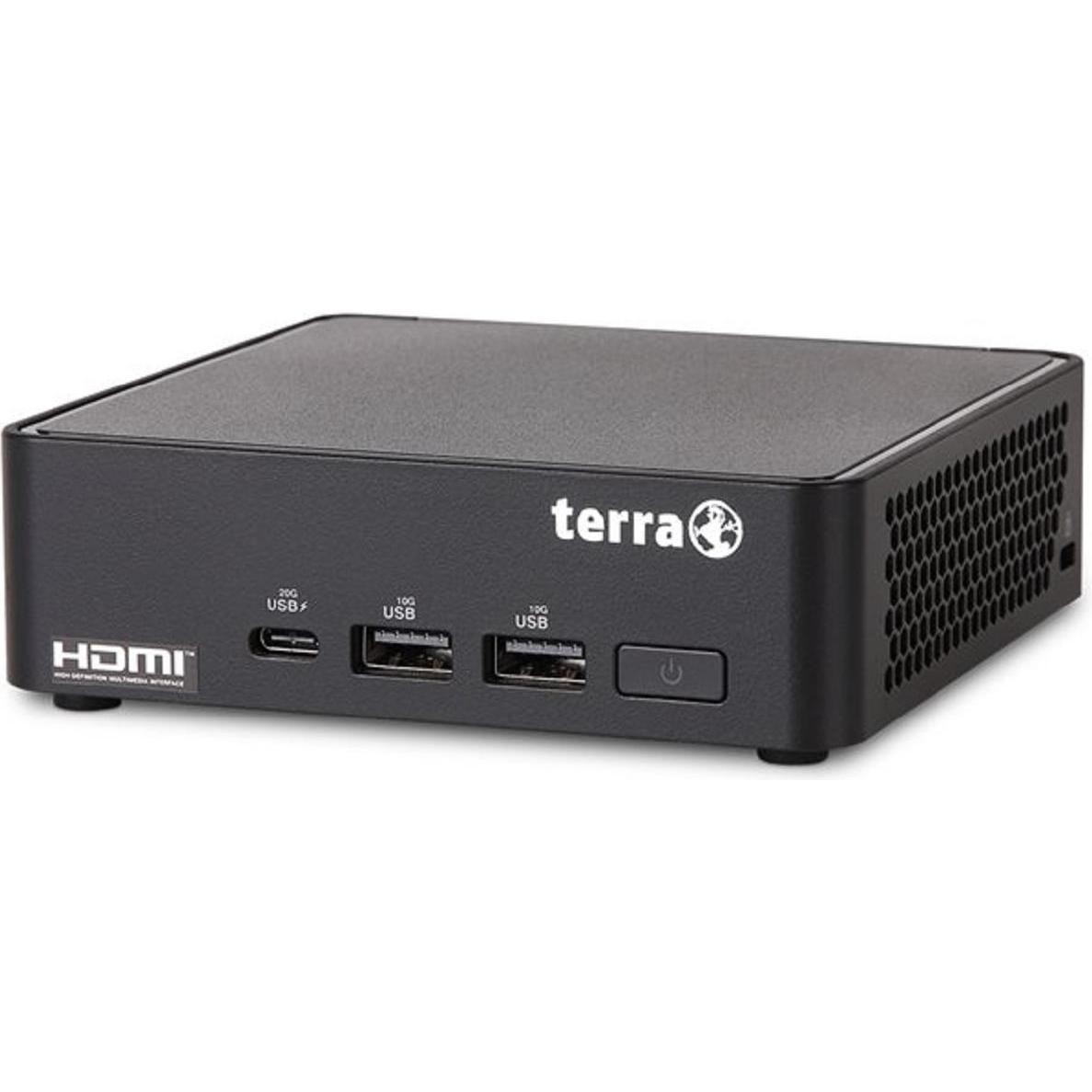 Compact black PC with a textured finish, featuring multiple USB ports, HDMI output, and a power button on the front, designed for silent operation.