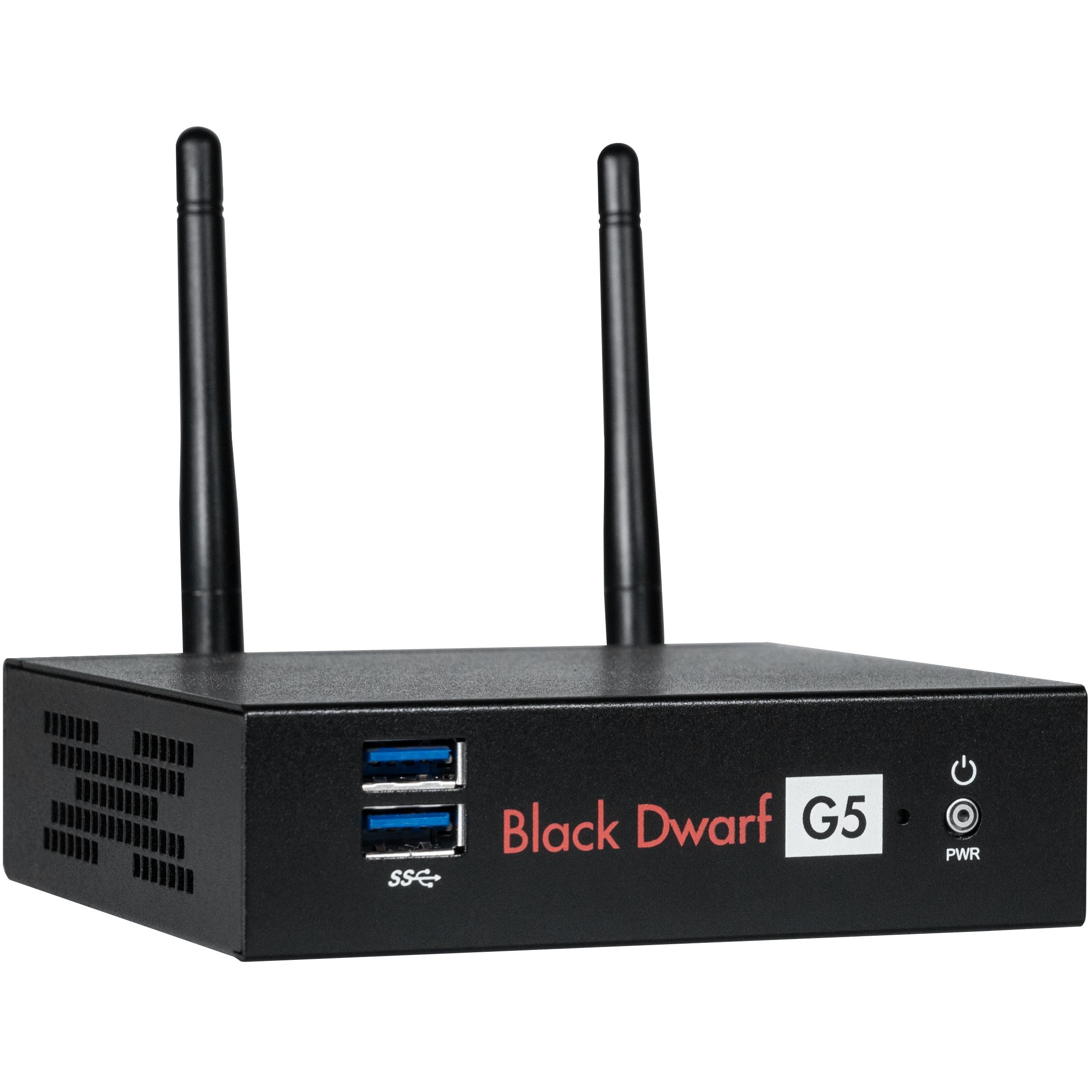 Black Dwarf G5 VPN gateway in sleek black metal, featuring two USB ports, power button, and dual antennas for wireless connectivity.