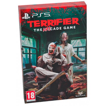 Collectors Edition box for "TERRIFIER: the Artcade Game" featuring a horror-themed design with a clown and a woman, predominantly red and black colors, and a PS5 logo on the front.