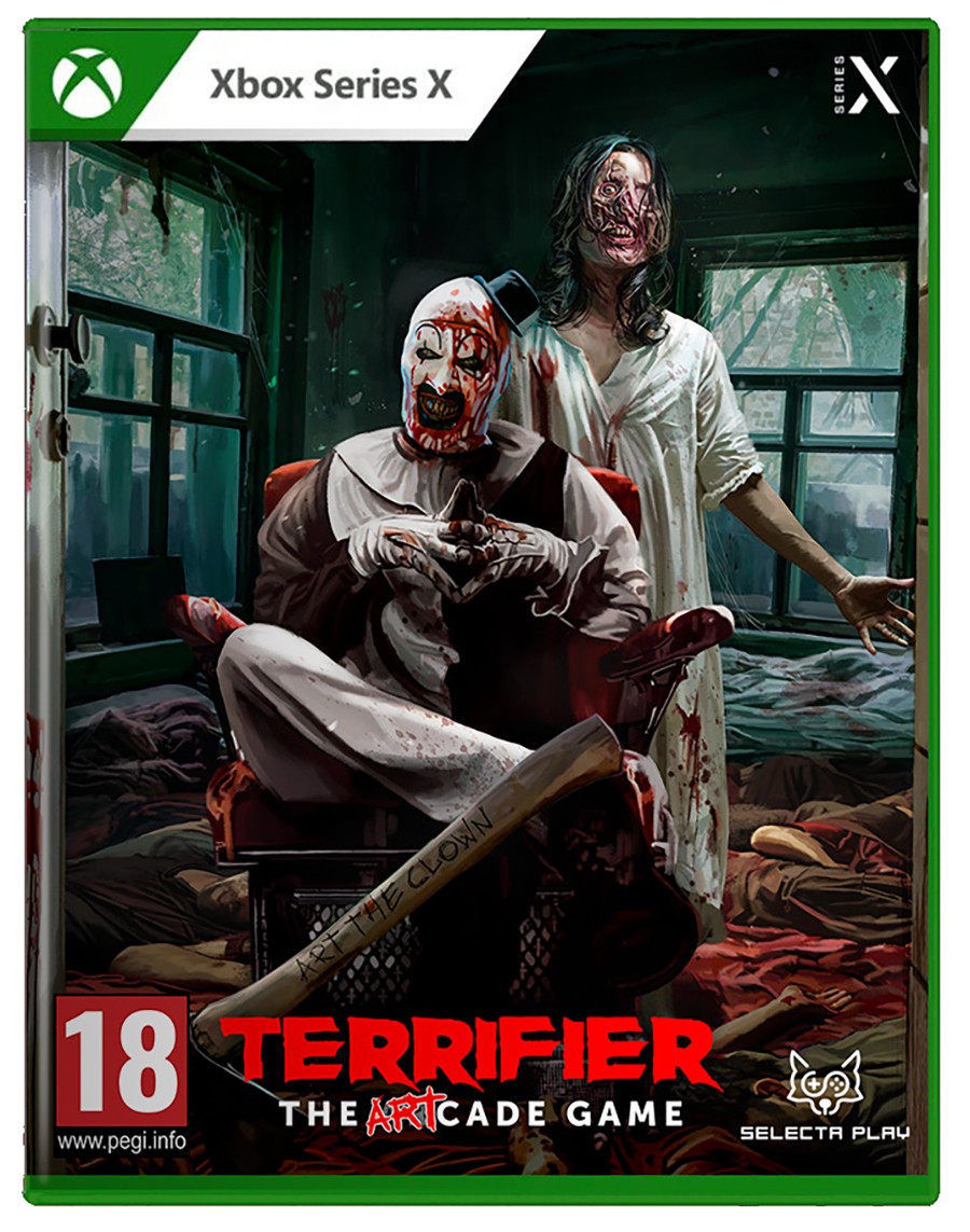 The game cover features a horror-themed illustration with a clown and a woman in a blood-stained environment, highlighted by dark colors and a prominent "TERRIFIER" title at the bottom.
