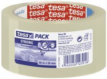 Transparent adhesive tape roll with a beige color, featuring a red and white branded label, measuring 66 meters in length and 50 mm in width, designed for strong packaging.