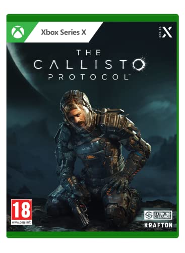 Cover art for "The Callisto Protocol" featuring a soldier in a futuristic suit, set against a dark, eerie background with a large moon, packaged in a green Xbox Series X case.