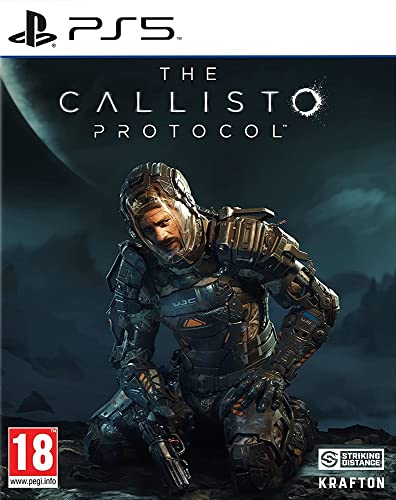 Cover art for "The Callisto Protocol" featuring a male character in a dark, futuristic suit, set against a moonlit background with a dramatic, ominous atmosphere.