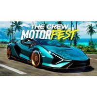 "The Crew Motorfest Xbox game cover featuring a sleek turquoise sports car on a tropical road."
