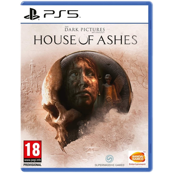 The PS5 game case features a dark blue cover with a skull and a woman's face, titled "House of Ashes" in bold white letters, along with the BANDAI NAMCO logo and age rating.