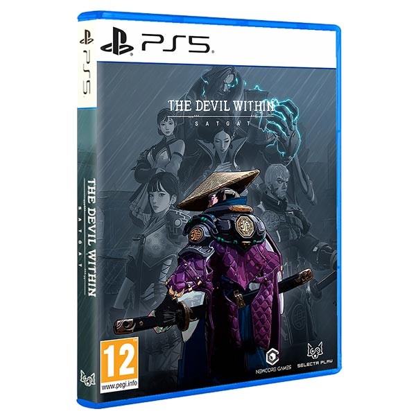 The PS5 game case for "The Devil Within: Satgat" features a blue cover with a dark, illustrated background and characters, including a figure in a purple outfit and a traditional hat.