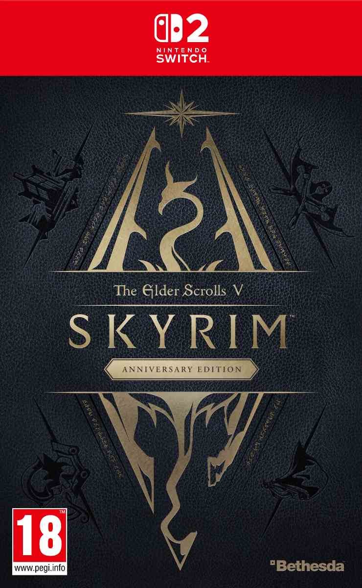 Black box art featuring a gold dragon emblem and intricate designs, with "The Elder Scrolls V: Skyrim Anniversary Edition" in bold white text and a PEGI 18 rating at the bottom.
