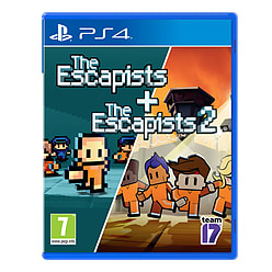 Cover art featuring "The Escapists" and "The Escapists 2" games, with colorful pixel art characters in prison uniforms, set against a vibrant background, in a blue PlayStation 4 case.