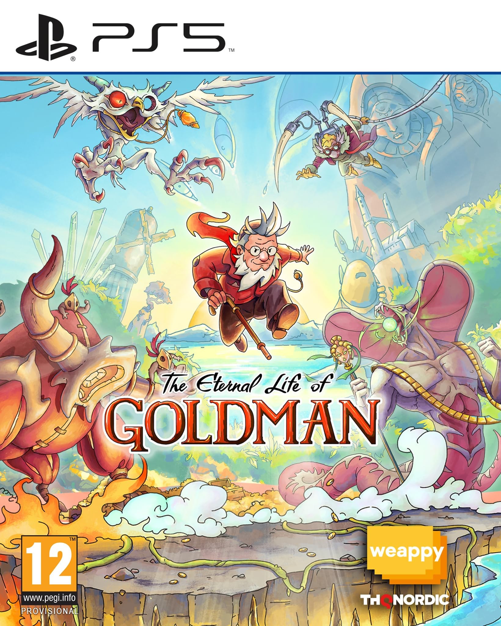 Colorful game cover featuring whimsical characters, including a wizard and fantastical creatures, with vibrant landscapes and the title "The Eternal Life of Goldman" prominently displayed.