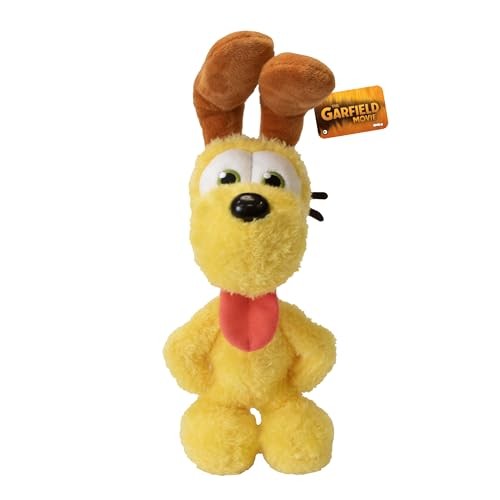 A 20cm soft toy of a yellow cartoon dog with brown floppy ears, a red tongue, and large eyes, featuring a tag that reads "Garfield Movie."