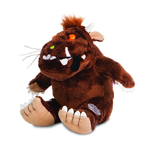 Brown plush Gruffalo toy with orange eyes, a tuft of orange hair, white claws, and a friendly smile, featuring stitched details and a soft, cuddly texture, sitting upright.
