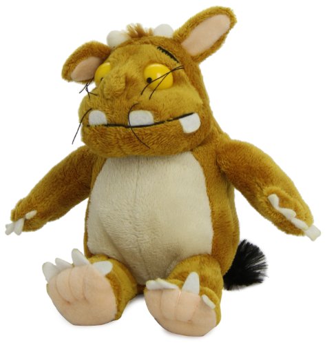 Soft plush toy of the Gruffalo's Child, featuring a brown body, cream belly, large yellow eyes, prominent white teeth, and small ears, measuring 7 inches tall.